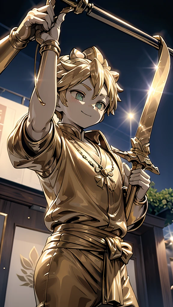 一个男孩的Gold statue旁边停着一只燕子。王子的Gold statue，Prince style，Prince costume，Court dress，Gold statue，男孩的Gold statue，cute boy，femboy，带着黄金冠冕的Gold statue，脚边停着一只燕子的Gold statue，Golden Boy Statue，Gold statue，Cute boy，British style，西式Men's dress，Men's dress，Victorian style，crown，crown，Golden Boy Sculpture，Golden Boy Statue，Gold statue，佩剑的Gold statue，腰带上挂着配剑的Gold statue，Cute boy，The sword hangs on the waist，A sword hangs from his waist，Hand on the sword at the waist，shota，Cute boy，Cute boy，Moe，Giant golden statue，Giant golden statue，Outdoor Background，Smiling statue，Close-up above the waist镜头，Upper body close-up，Close-up above the waist