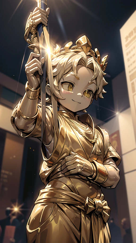 一个男孩的Gold statue旁边停着一只燕子。王子的Gold statue，Prince style，Prince costume，Court dress，Gold statue，男孩的Gold statue，cute boy，femboy，带着黄金冠冕的Gold statue，脚边停着一只燕子的Gold statue，Golden Boy Statue，Gold statue，Cute boy，British style，西式Men's dress，Men's dress，Victorian style，crown，crown，Golden Boy Sculpture，Golden Boy Statue，Gold statue，佩剑的Gold statue，腰带上挂着配剑的Gold statue，Cute boy，The sword hangs on the waist，A sword hangs from his waist，Hand on the sword at the waist，shota，Cute boy，Cute boy，Moe，Giant golden statue，Giant golden statue，Outdoor Background，Smiling statue，Close-up above the waist镜头，Upper body close-up，Close-up above the waist