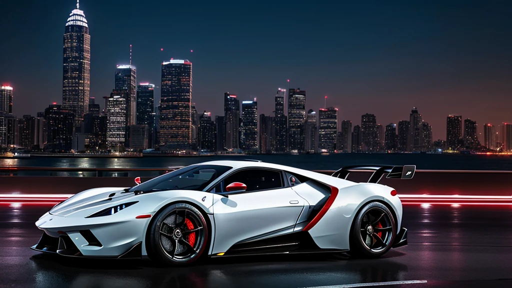 generate an hd cinematic picture of a hypercar with a cinematic city skyline background 