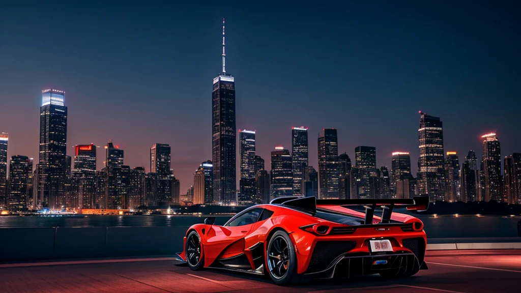 generate an hd cinematic picture of a hypercar with a cinematic city skyline background 