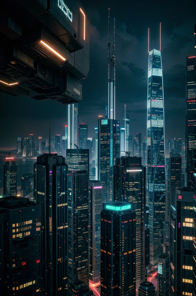 detailed cyberpunk city, futuristic skyscrapers, neon lights, flying cars, advanced technology, metallic surfaces, moody atmosphere, cinematic lighting, dramatic shadows, vibrant colors, dynamic composition, highly detailed, intricate details, photorealistic, 8k, best quality