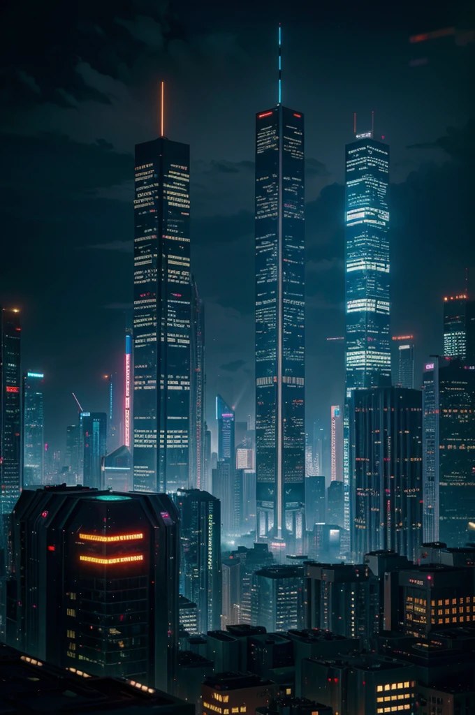 detailed cyberpunk city, futuristic skyscrapers, neon lights, flying cars, advanced technology, metallic surfaces, moody atmosphere, cinematic lighting, dramatic shadows, vibrant colors, dynamic composition, highly detailed, intricate details, photorealistic, 8k, best quality