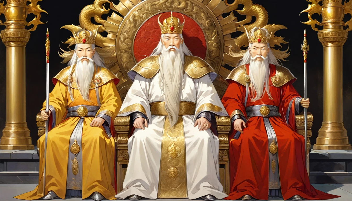 two men,An old emperor named John,Tall, Square face.Silver long hair,Wearing a golden crown, Thick eyebrows,Long white beard.,Pale complexion, Wearing a gorgeous golden robe,Embroidered with dragon pattern.;Another young general named Ken,Burly figure,Long face, Blonde short hair,Thick eyebrows,Short whiskers,Healthy bronze,Wearing a red armor,Symbol with sun,There is a golden sword on the waist; John is sitting majestically on a glittering throne。Ken stands in front of the throne,Looks like he's protecting the man sitting on the throne,There was an air of respect and loyalty between the two.。