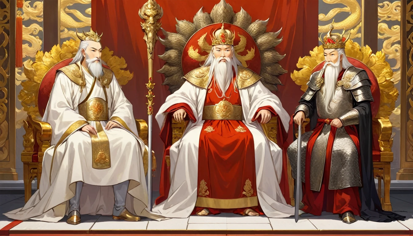 two men,An old emperor named John,Tall, Square face.Silver long hair，Wearing a golden crown, Thick eyebrows,Long white beard.,Pale complexion, Wearing a gorgeous golden robe，Embroidered with dragon pattern.;Another young general named Ken,Burly figure,Long face, Blonde short hair，Thick eyebrows，Short whiskers，Healthy bronze,Wearing a red armor，Symbol with sun，There is a golden sword on the waist; John is sitting majestically on a glittering throne。Ken stands in front of the throne,Looks like he&#39;s protecting the man sitting on the throne，There was an air of respect and loyalty between the two.。