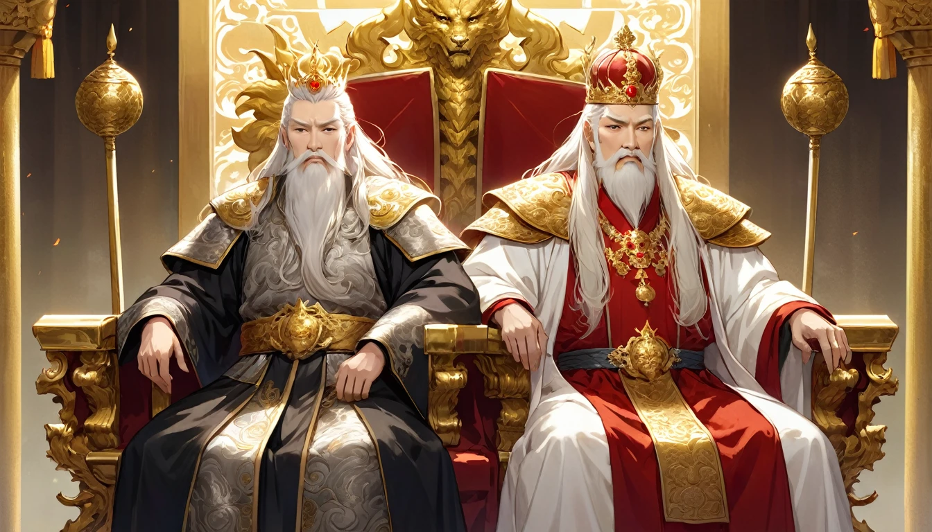 two men,An old emperor named John,Tall, Square face.Silver long hair，Wearing a golden crown, Thick eyebrows,Long white beard.,Pale complexion, Wearing a gorgeous golden robe，Embroidered with dragon pattern.;Another young general named Ken,Burly figure,Long face, Blonde short hair，Thick eyebrows，Short whiskers，Healthy bronze,Wearing a red armor，Symbol with sun，There is a golden sword on the waist; John is sitting majestically on a glittering throne。Ken stands in front of the throne,Looks like he&#39;s protecting the man sitting on the throne，There was an air of respect and loyalty between the two.。