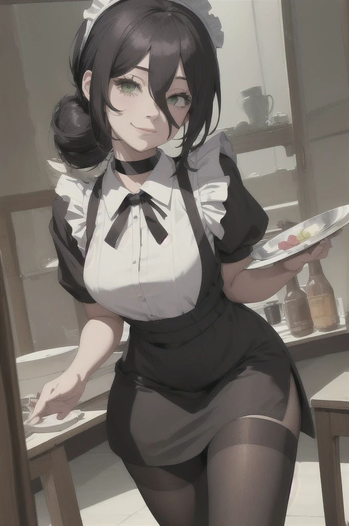 (masterpiece, best quality:1.2), solo, 1girl, csmreze, smile, looking at viewer, holding tray, single hair bun, maid headdress, maid, black dress, apron, pantyhose, choker 