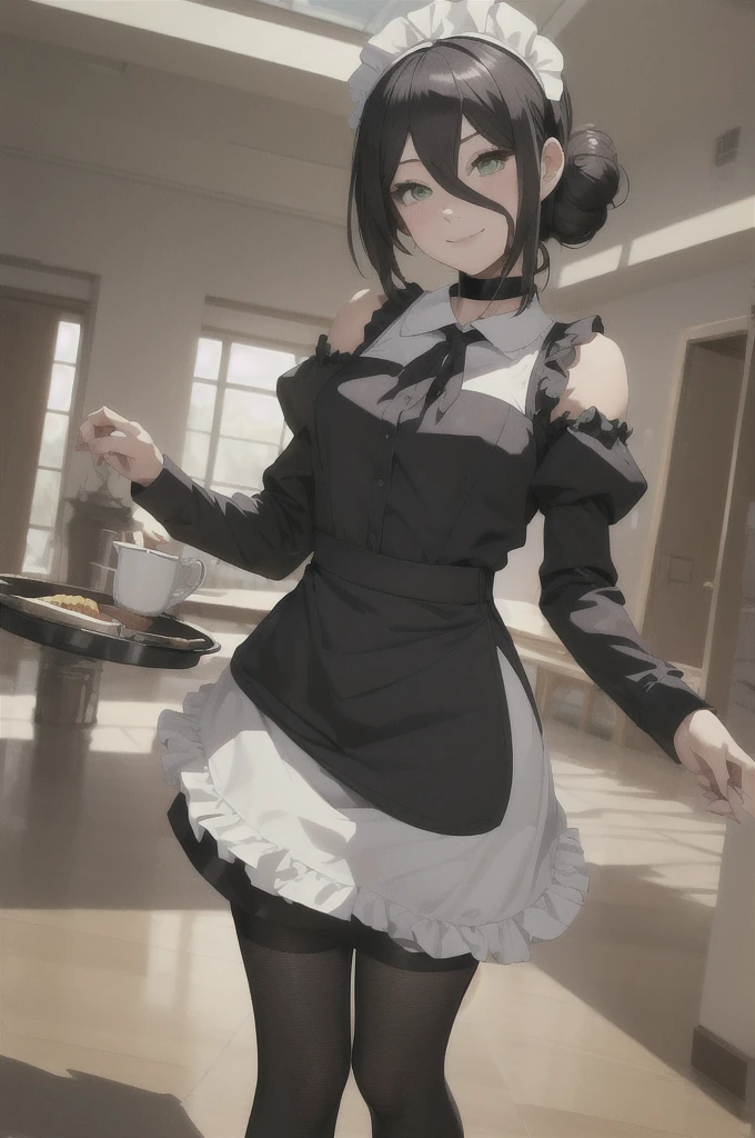 (masterpiece, best quality:1.2), solo, 1girl, csmreze, smile, looking at viewer, holding tray, single hair bun, maid headdress, maid, black dress, apron, pantyhose, choker 