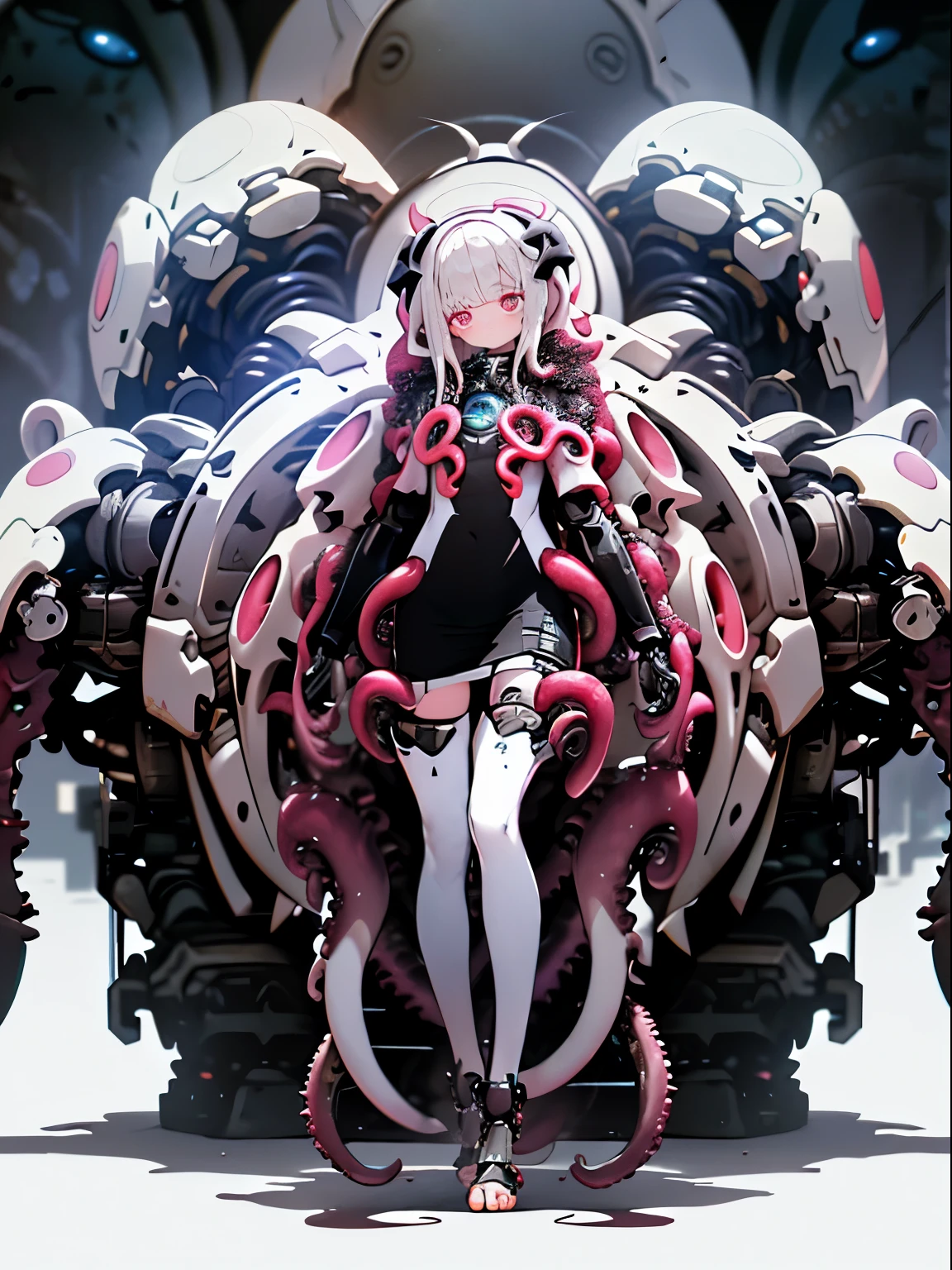 (((Gloomy Tentacle Biopunk))), ((Gloomy biopunk girl)), ((Many long, closed garments)), Biopunk cape-shaped clothing, (Closed posture),(((masterpiece))), ((best quality)), (Super Detail), (CG Illustrations), (so beautiful),altar,Offspring of the Evil God,(Full breasts:1.7),beautiful girl,Tentacle armor, (A body wrapped in mechanical tentacles:1.6),Tentacle Room,Sexual suggestion,Barefoot,(barefoot:1.6),血肉altar,cursed, Abandoned biopunk landscape, (Disdain for video game style), Highly detailed biopunk background, Background provided by Hans Giger, Perfect anatomical structure, masterpiece