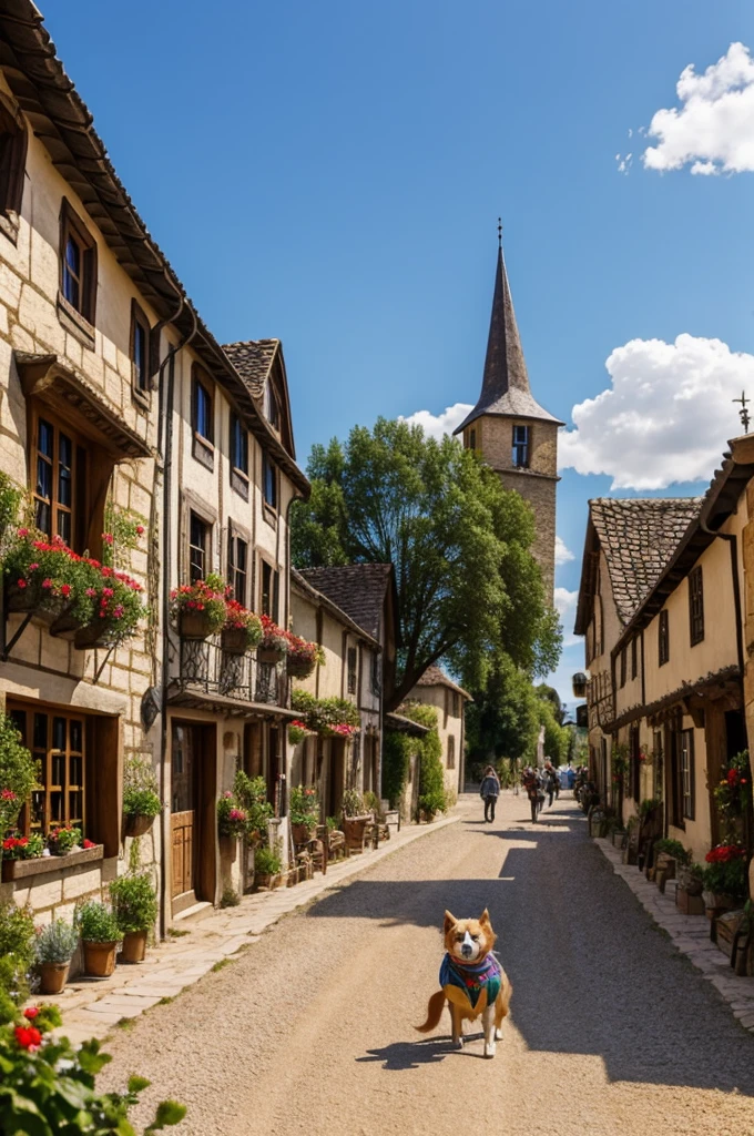 Create a medieval-era town inhabited by cute dogs with big eyes and cartoonish expressions, wearing clothing such as vests or coats. . Very colorful and magical ,but old having farms , fruit shops 'stone streets and the forest biome is a tundra soil , many huge and green orange trees that cover the town. in anime style please
