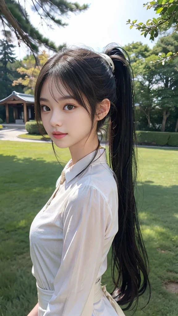 collared dress,European park,On the lawn,Close up face,One woman,masutepiece, The highest image quality, High quality, the background is clear,Beautiful woman, Japanese,Ultra-detailed, finely detail, hight resolution, 8K Wallpaper, Perfect dynamic composition, Beautiful detailed eyes , Detailed, Detailed eyes, Detailed skin, Beautiful skin, 超hight resolution, (reality: 1.4),Very beautiful woman, Slightly younger face, Beautiful skin, slender, (Ultra photo realsisim), (hight resolution), (8K), (Very detailed) (beautifully detailed eyes), (super detailed), (Detailed face), view the viewer, Fine details, Detailed face, Staring straight ahead, Staring straight ahead, photos realistic, Bright lighting, Professional Lighting, Black hair,poneyTail,a baby face,sixteen years old,Hairstyle: ponytail,Long ponytail hairstyle,slight smile,neat and tidy clothing,Beautiful Japanese KPOP idol photo, hair style is ponytail, my eyes are double and wide, baby face, smile and look straight ahead, slender, small breasts,Close up face,