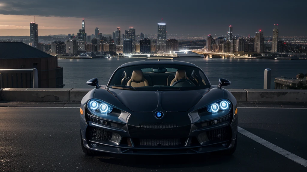 generate an hd cinematic picture of a buggati chiron with a cinematic city skyline background