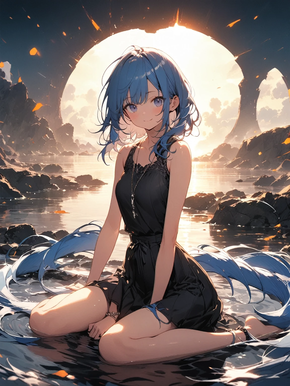 A girl，Blue Hair，Double tail，Sitting，Very energetic，Complete mission structure，Delicate face，(absurdres:1.1),full_shot,(posing:1.1),Sitting on the lake，Reflection
