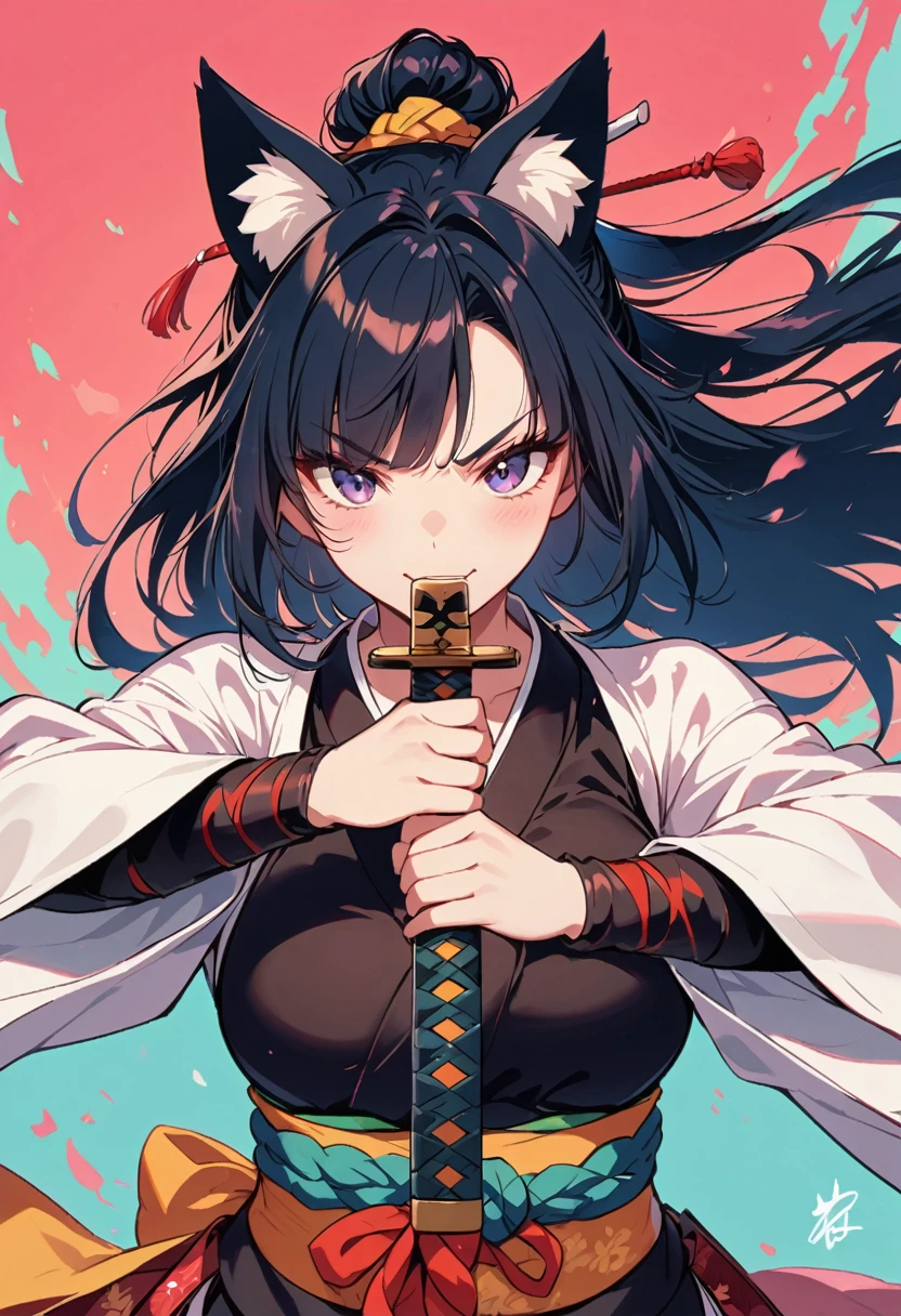 female samurai,with cat ears, breasts are visible, winks at the viewer, Sword in both hands