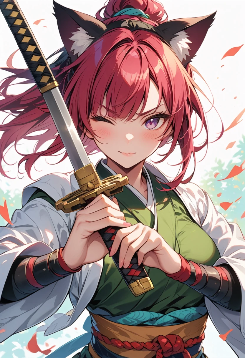 female samurai,with cat ears, breasts are visible, winks at the viewer, Sword in both hands