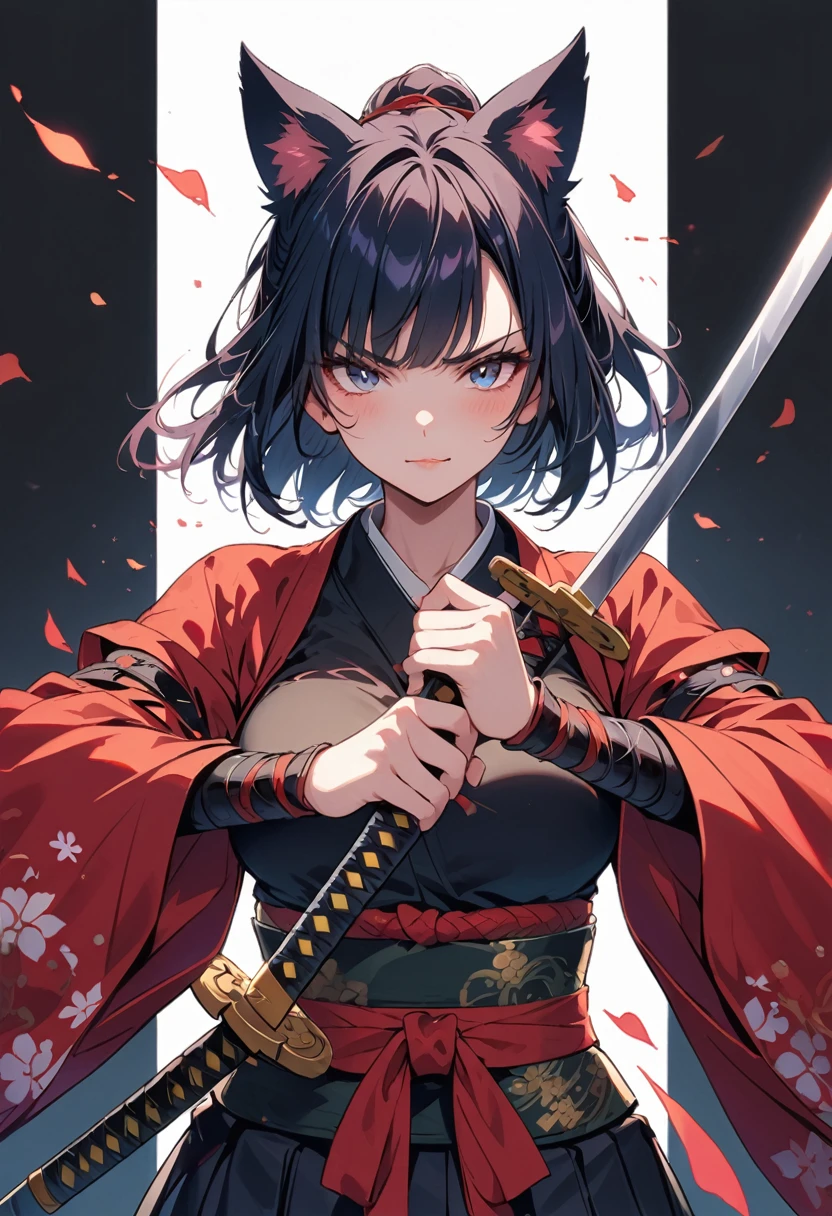 female samurai,with cat ears, breasts are visible, winks at the viewer, Sword in both hands