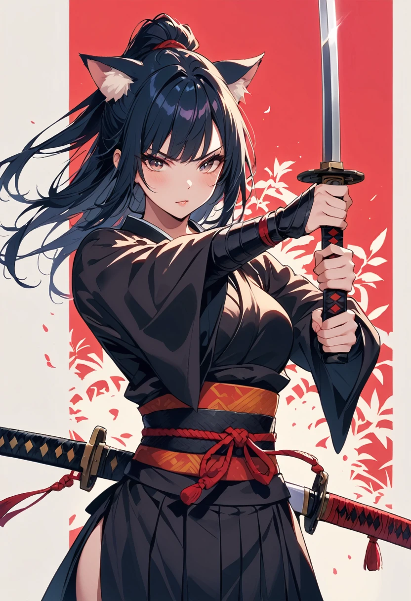 female samurai，with cat ears, breasts are visible, winks at the viewer, Sword in both hands