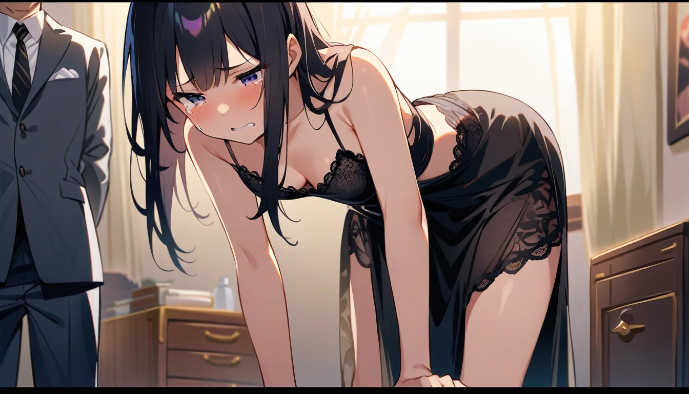 Long black haired girl、20age、clear、White luxurious lace long slip、In underwear、Sexual violence、Single image、fear、resistance、Shyness、Crying face、Standing posture、Men's Room