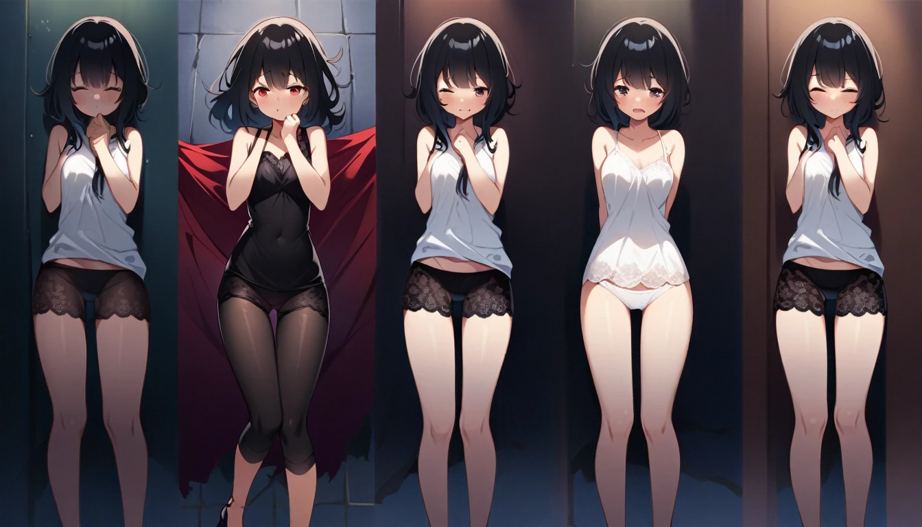 Long black haired girl、２０age、clear、White luxurious lace long slip、In underwear、 violence、Single image、fear、resistance、Shyness、Crying face、Standing posture、Men&#39;s Room
