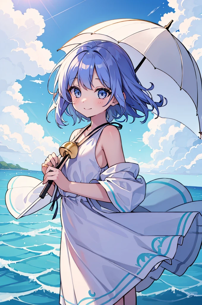 masterpiece, highres, beautiful landscape, high detailed, 1 girl, mid-ground character, beach, studio light, depth of field. The girl stands on the beach with her colorful umbrella, looks at viewer with a smile. She wears a white beautiful dress, holds a umbrella, her hair blows in the wind. The landscape is peaceful and serene. Mildly clouds, floating clouds, light clouds, billowing clouds. The sunlight glistens on the surface of the sea. The waves of the sea gently lap against the shore, creating a serene and soothing sound.