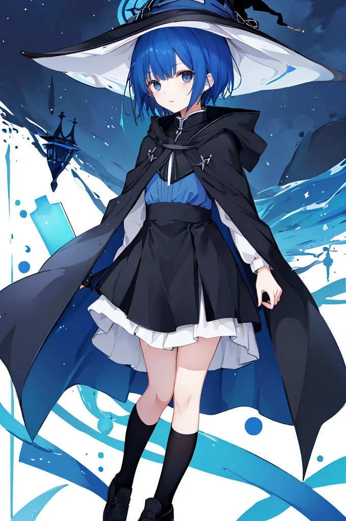 Girl wearing witch hat、Blue hair short、Black cloak、stockings