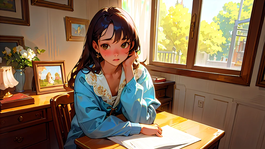 (Highest quality, masterpiece, Ultra-realistic), Beautiful and delicate１５Year-old girl portrait, With a calm and gentle expression, The background is a man studying hard at his desk in his bedroom at home.、Private Server、Bust is C cup、It&#39;s summer