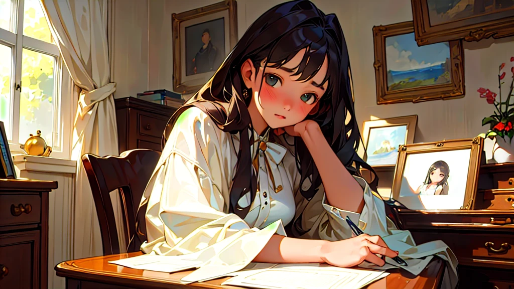 (Highest quality, masterpiece, Ultra-realistic), Beautiful and delicate１５Year-old girl portrait, With a calm and gentle expression, The background is a man studying hard at his desk in his bedroom at home.、Private Server、Bust is C cup、It&#39;s summer
