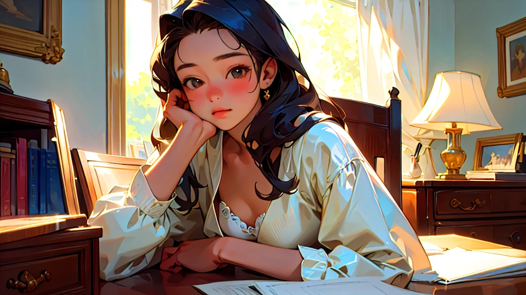 (Highest quality, masterpiece, Ultra-realistic), Beautiful and delicate15Year-old girl portrait, With a calm and gentle expression, The background is a man studying hard at his desk in his bedroom at home.、Private Server、Bust is C cup、It's summer