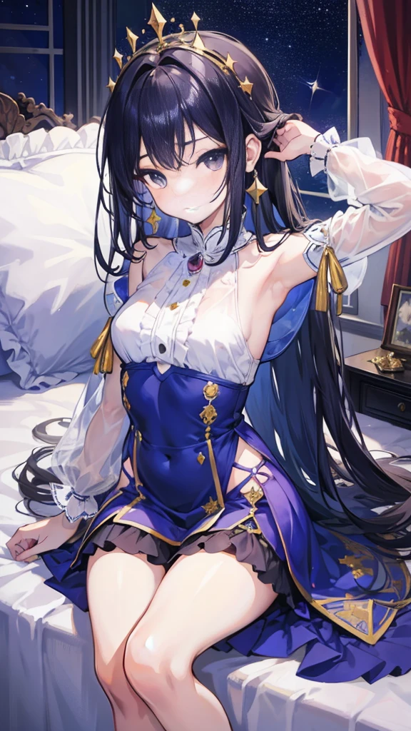 Group of young princesses, (In the bedroom), Mr.々Hair style, Harem, Wearing a royal dress, night, Detailed face, , Short skirt, Lure, No sleeve , Show me your armpits, night, starry night