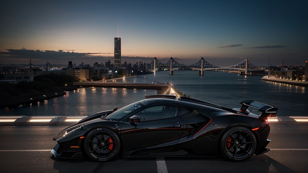 generate an hd cinematic picture of a hypercar with a cinematic city skyline background 