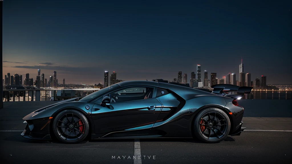 generate an hd cinematic picture of a hypercar with a cinematic city skyline background