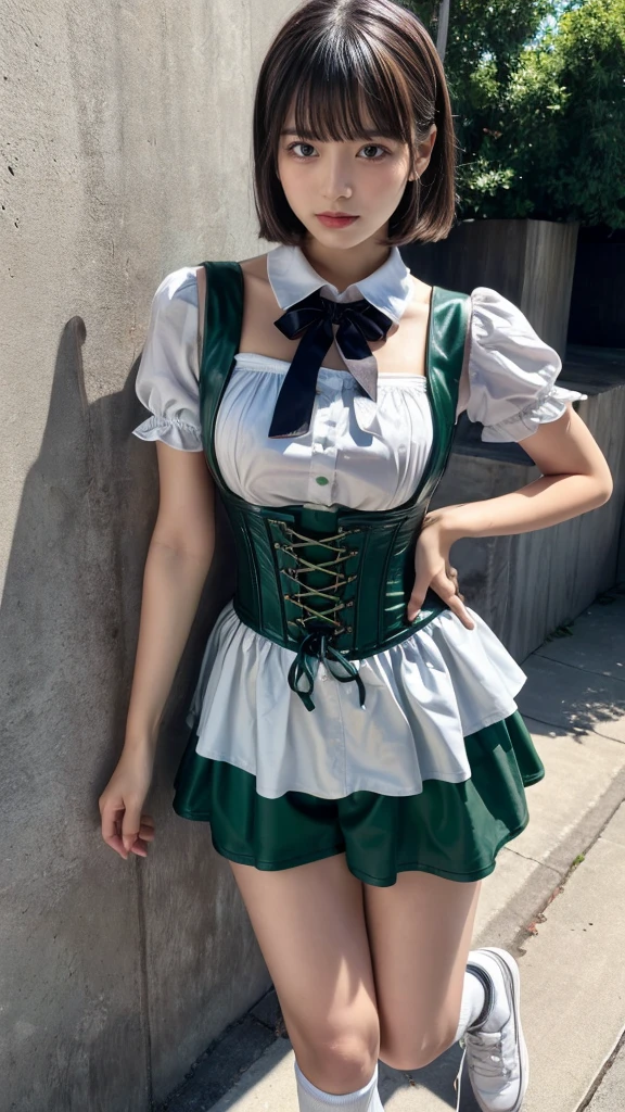 masterpiece, best quality, illustration, Super detailed, fine details, High resolution, 8K,wall paper, perfect dynamic composition, front view, knees, 18 year old girl, Gravure Idol, cute type, (Details High quality, realistic depiction of eyes:1.3), revealing clothes, short bob hair, bangs, black hair color, Dark makeup, Big Natural Color Lip, perfect body shape, plump figure, beautiful clavicle, Black leather jacket, BREAK (fusion of dirndl and short sleeve white collared-shirt with neck ribbon:1.4), ((A-line, underboobs, puff sleeves):1.3), ((deep-green Pinafore, deep green corset):1.3), thighs skin, (socks:1.3), (shoes:1.2)