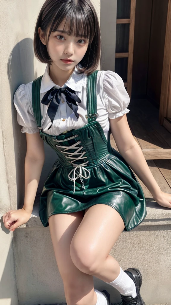 masterpiece, best quality, illustration, Super detailed, fine details, High resolution, 8K,wall paper, perfect dynamic composition, front view, knees, 18 year old girl, Gravure Idol, cute type, (Details High quality, realistic depiction of eyes:1.3), revealing clothes, short bob hair, bangs, black hair color, Dark makeup, Big Natural Color Lip, perfect body shape, plump figure, beautiful clavicle, Black leather jacket, BREAK (fusion of dirndl and short sleeve white collared-shirt with neck ribbon:1.4), ((A-line, underboobs, puff sleeves):1.3), ((deep-green Pinafore, deep green corset):1.3), thighs skin, (socks:1.3), (shoes:1.2)