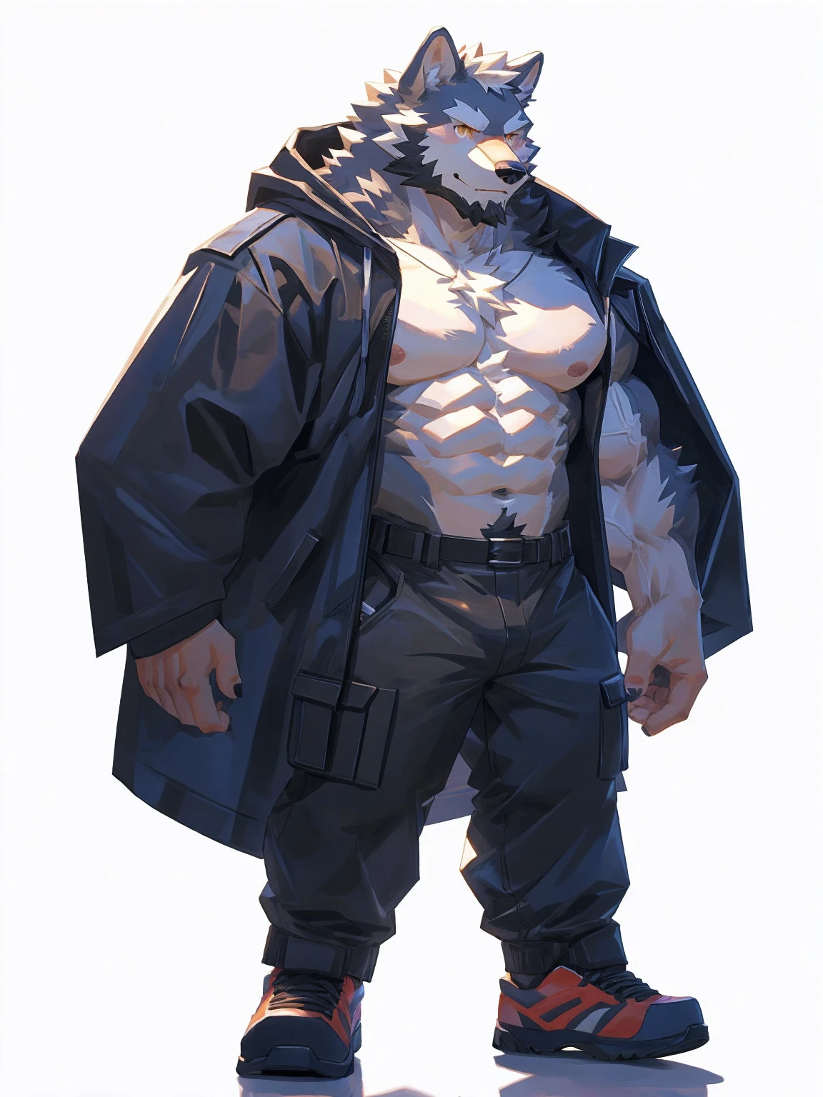 (masterpiece:1.2), best quality,pixiv,official art,perfect anatomy, (Ray tracing, light),solo, (1_male:1.3) , (muscle), (grey fur:1.4), (muscle wolf), (beard:1.2), (gleaming golden eyes), bear tail, full body, Thick black eyebrows,(open white hooded parka), (naked inside), (white cargo pants:1.2), white shoes, (pure white background: 1.3)