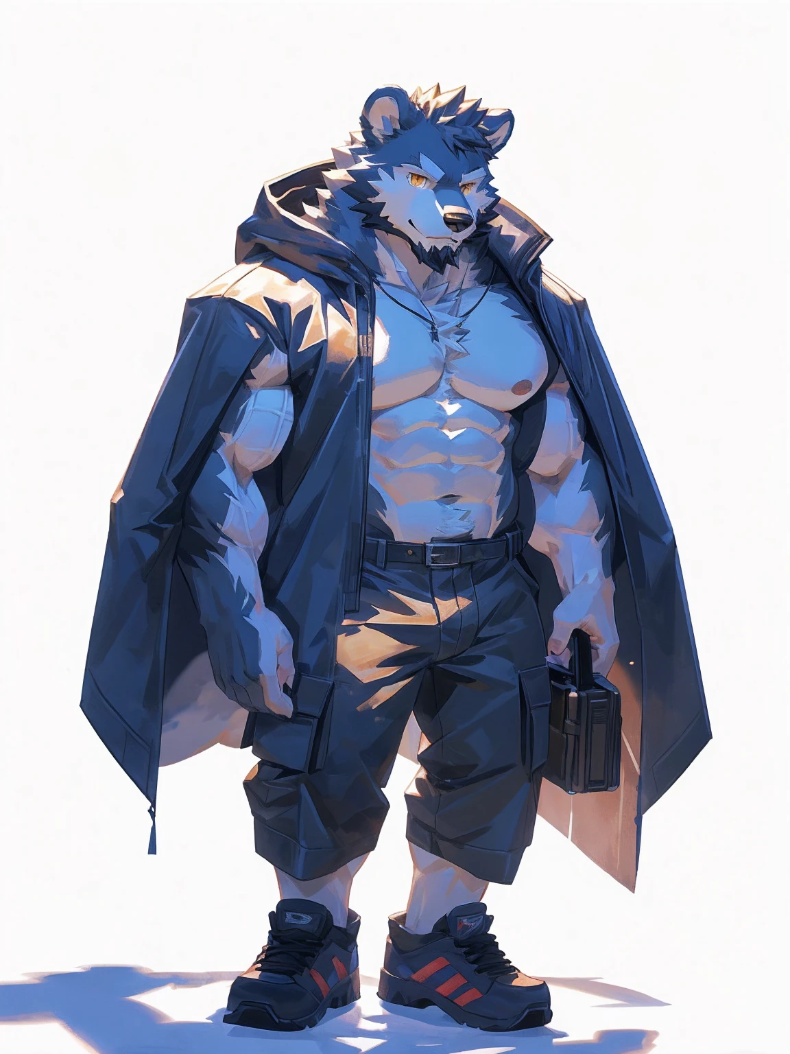 (masterpiece:1.2), best quality,pixiv,official art,perfect anatomy, (Ray tracing, light),solo, (1_male:1.3) , (muscle), (grey fur:1.4), (muscle wolf), (beard:1.2), (gleaming golden eyes), bear tail, full body, Thick black eyebrows,(open white hooded parka), (naked inside), (white cargo pants:1.2), white shoes, (pure white background: 1.3)