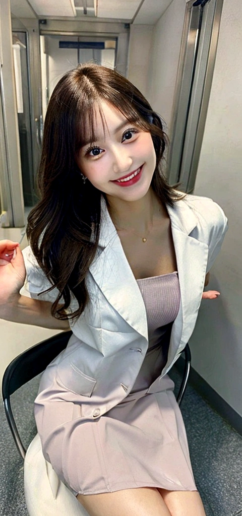 Small face, smiling face, woman in doctor coat, pharmacist, (smile: 1.1), sexy, full color photo, the most beautiful woman in the world, ultra detailed face, fine eyes, cute eyes, double eyelids, perfect teeth, perfect alignment, (glowing skin), (tanned skin), (realistic skin), blurred background, full body esvian, front view, slender face, light colored clothes, sitting on a pharmacy chair, from above, mini skirt, beautiful hair, her cleavage is visible, full body pose, (Pureros face_v1: 0.8), resolution should be 30.4 megapixels, ISO sensitivity: 100, shutter speed 1/2000 seconds. Image should be surreal, highly detailed, high resolution 16k. Photogenic.