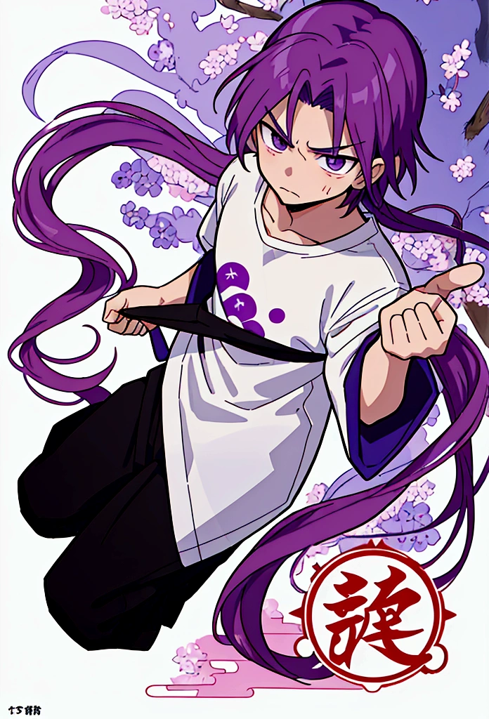 Boy with very long and intense violet hair, flushed with anger, shy, nervous, pointing forward, white t-shirt, slightly seen from above, full body, Japanese writing background, Japanese cover tags, Japanese lettering, professional manga cover, manga cover