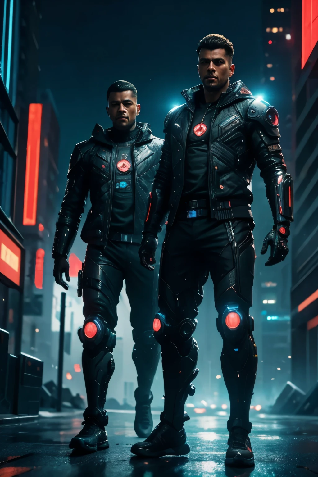 Two men stading in realistic very detailed cyberpunk suit, masterpiece, 4k, UHD, sharp focus, cinematic illumination, midnight aura, best quality