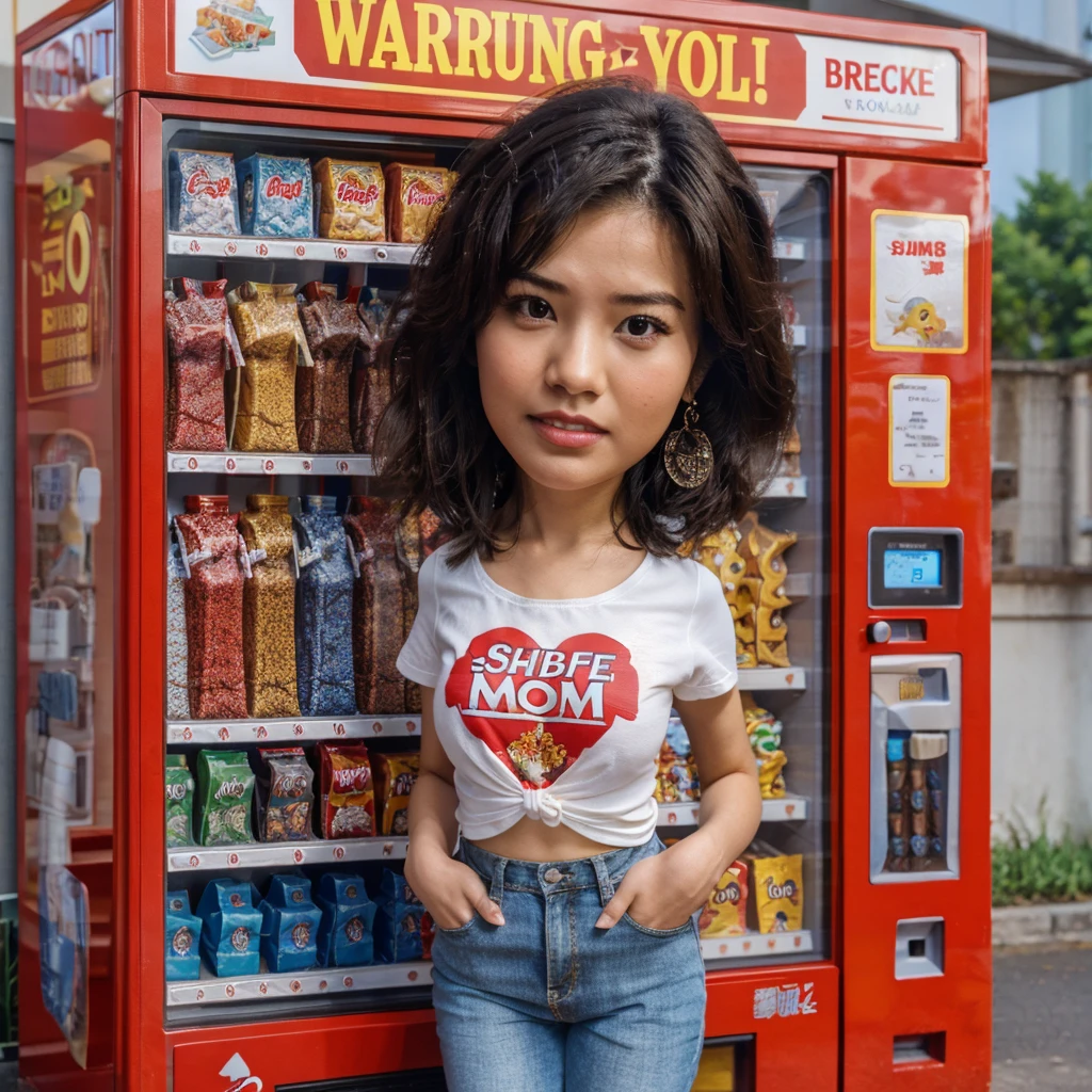 a woman standing in front of a vending machine