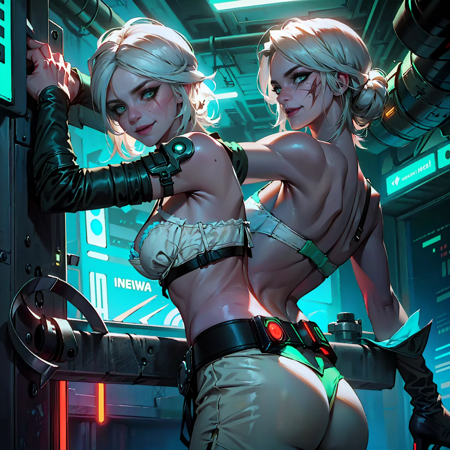 W3Ciri, ((short white hair, glowing green eyes, scar on face, makeup, narrow waist, skinny, medium breasts, Neon on the body)), pelvic curtain, ((white panties, white bra)), full body, perfect body, (insanely detailed, beautiful detailed face, masterpiece, best quality) , (((solo))), (((1girl))), (((mature))), (extremely detailed 8k paper CG wall unit: 1.1), (street, cyberpunk,Electronics, night), (smile face for the viewer), behind, underbutt, from abck