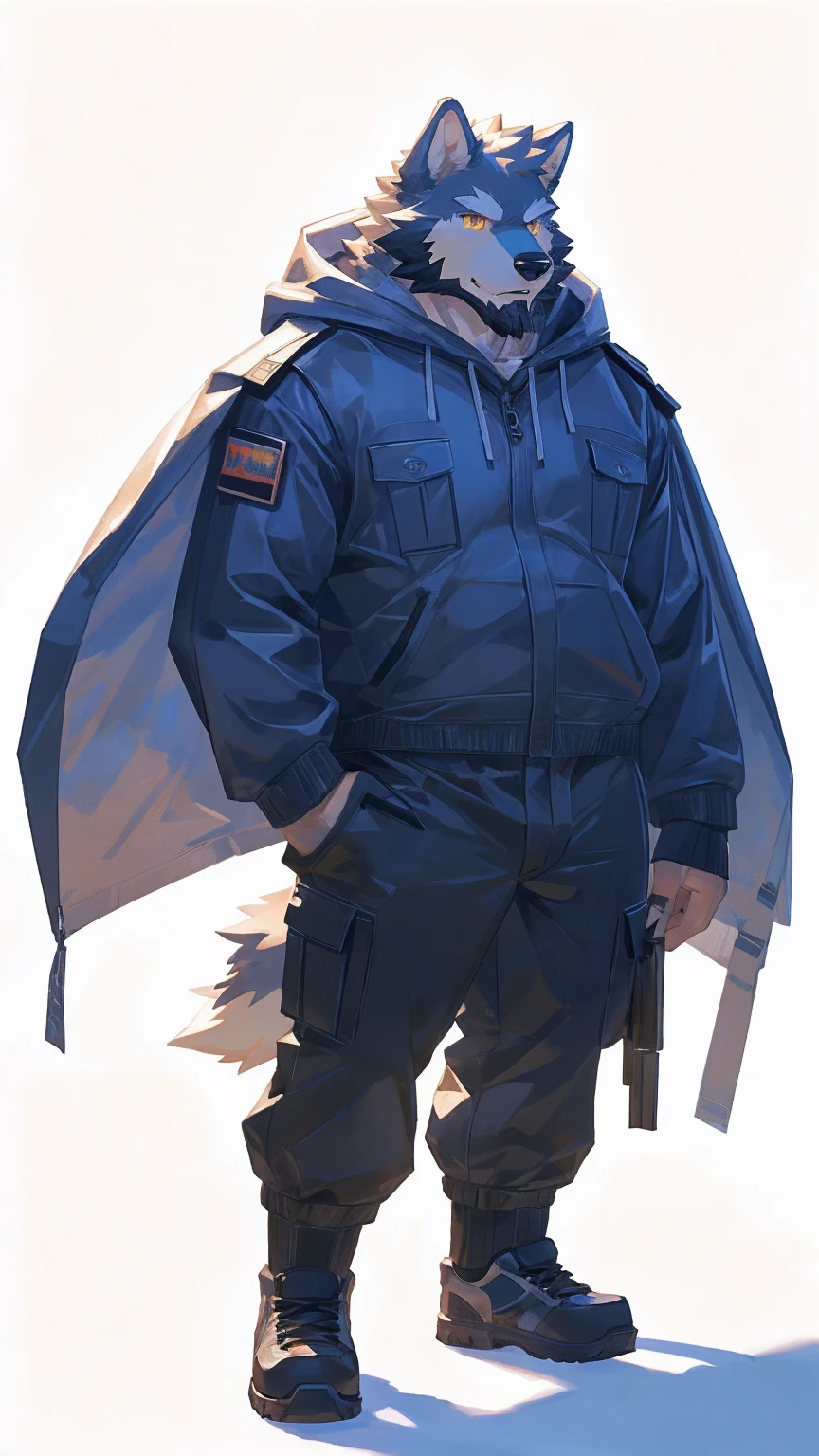 (masterpiece:1.2), best quality,pixiv,official art,perfect anatomy, (Ray tracing, light),solo, (1_male:1.3) , (muscle), (grey fur:1.4), (muscle wolf), (beard:1.2), (gleaming golden eyes), bear tail, full body, Thick black eyebrows,(open white hooded parka), (naked inside), (white cargo pants:1.2), white shoes, (pure white background: 1.3)