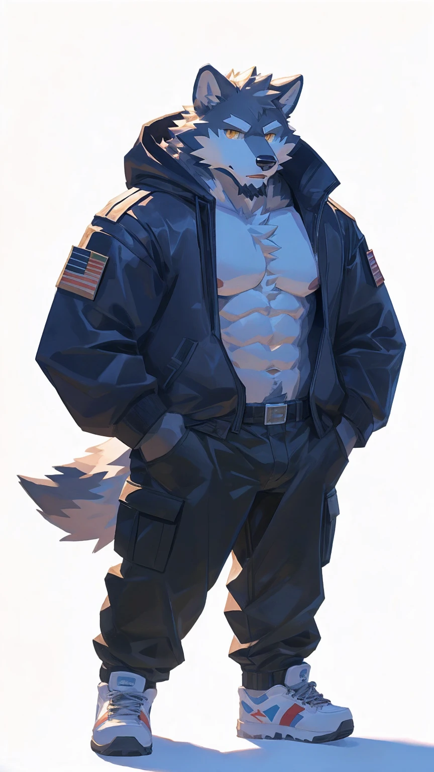 (masterpiece:1.2), best quality,pixiv,official art,perfect anatomy, (Ray tracing, light),solo, (1_male:1.3) , (muscle), (grey fur:1.4), (muscle wolf), (beard:1.2), (gleaming golden eyes), bear tail, full body, Thick black eyebrows,(open white hooded parka), (naked inside), (white cargo pants:1.2), white shoes, (pure white background: 1.3)