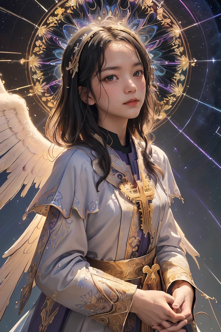 (((C. Michael the Archangel.))) ((( with a serious face))) (Masterpiece, Superior quality, Best Quality, Official Art, beautiful and aesthetic: 1.2), extremely detailed, (fractal art: 1.3), Colorant, highest detailed, Perfect face, Upper part of the body, HDR, (praying: 1.3), (trails of light: 1.2), vibrant colors,