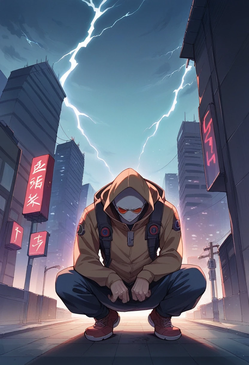 Filipino male hooded cyberpunk hacker, wearing hi-tech headgear and hi-tech backpack, crouching on high rooftop overlooking the streets of Tokyo, in sem roupa rain and lightning, at night 