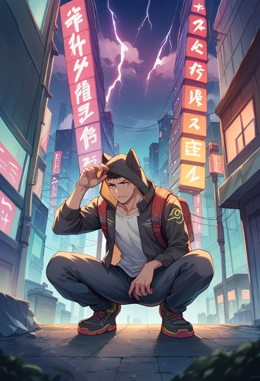 Filipino male hooded cyberpunk hacker, wearing hi-tech headgear and hi-tech backpack, crouching on high rooftop overlooking the streets of Tokyo, in sem roupa rain and lightning, at night 