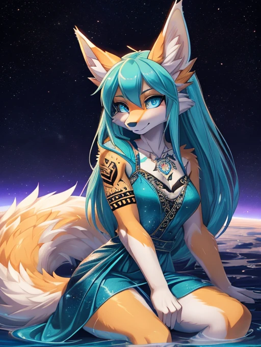Miku Hatsune, water&White, High Definition, kitsune ears, golden tattoo, tribal tattoo, mediolateral view sitting legs tight, flirtatious look, deep blue eyes, magical aura, space kitsune, Mystic aura, Mystic aura, long fluffy tail, enhanced eyes add_detail:1, space fox, galaxy dress