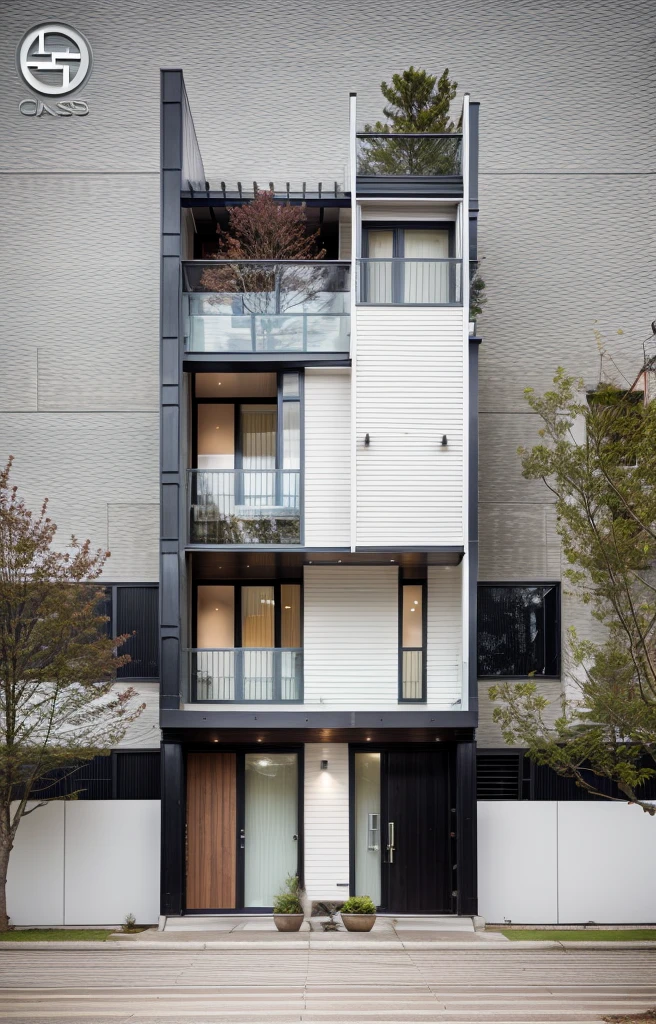 house exterior contemporary style, modernism, glass doors and windows,black metal rail, conwood ceilling, masterpiece, highquality, realistic photo, canon eos 5D mark, natural light,