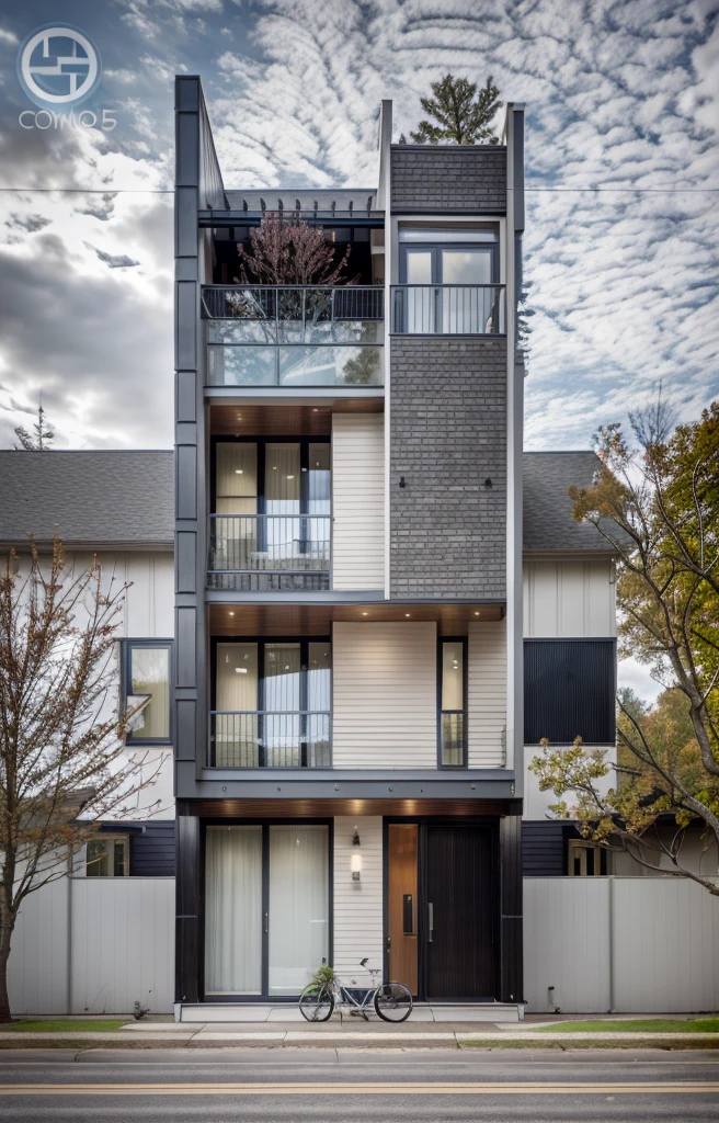 house exterior contemporary style, modernism, glass doors and windows,black metal rail, conwood ceilling, masterpiece, highquality, realistic photo, canon eos 5D mark, natural light, 