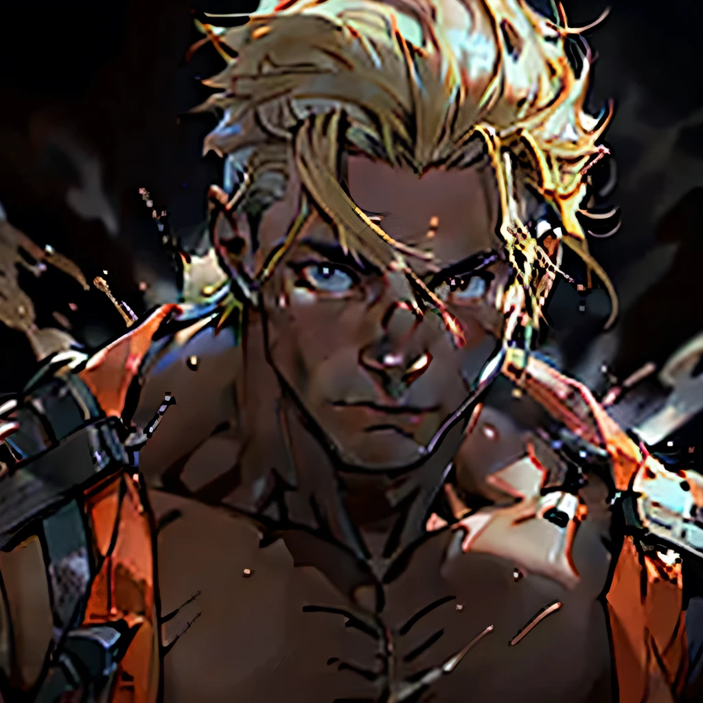 anime adult black man, bleached blonde hair, dark brown eyes, dark skin, muscular build, very physically strong, fighter, topless, close up head shot, cloudy background