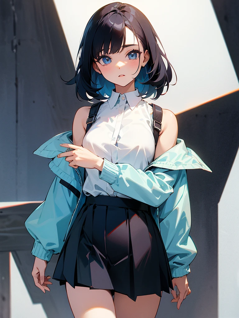 She is wearing a skirt and a shirt, jacket on top of the shirt, shoulders off.