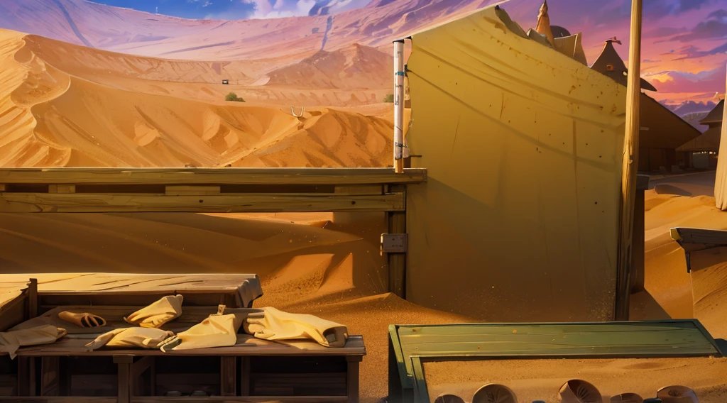 sand ground, (sand hill behind the stall:1.5), traditional market, market stall, market tens, dawn time, daybreak sky, early morning,